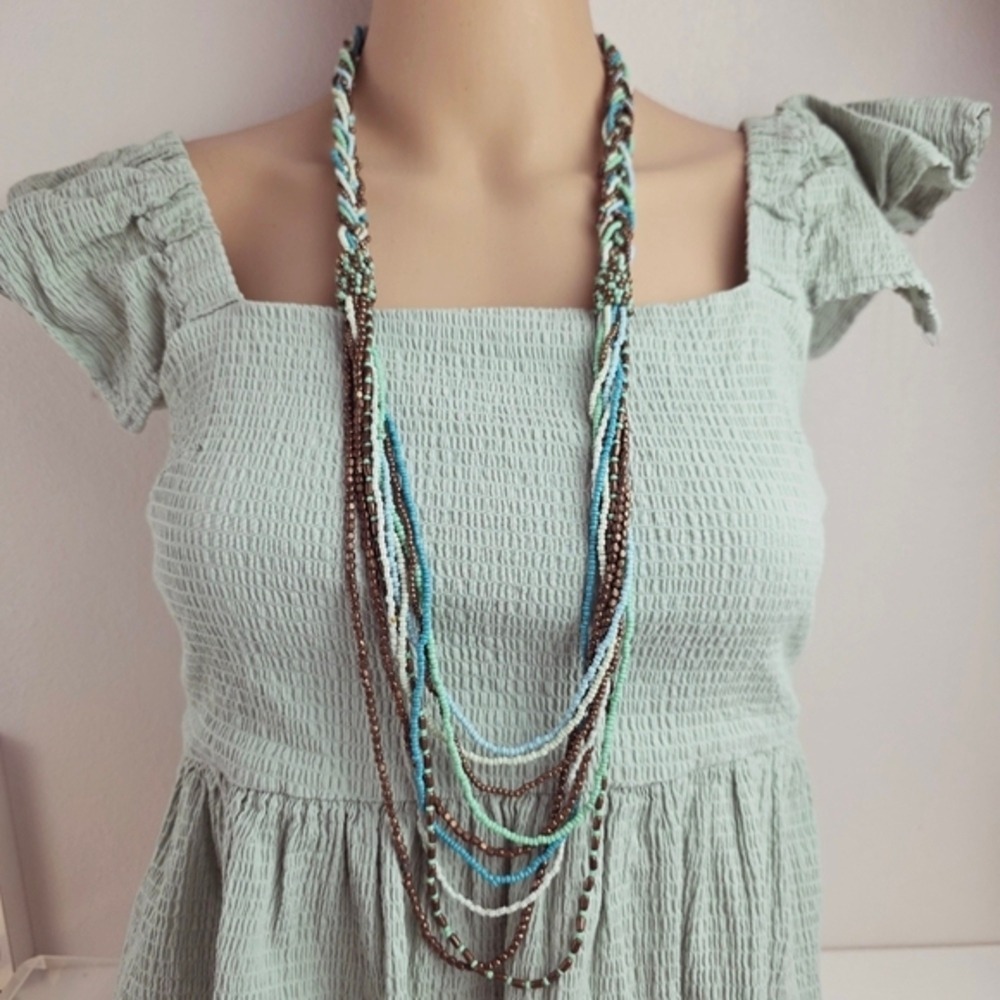 Unbranded Multi Strand Seed Bead Necklace 34" Blue Bronze Boho Layered Statement